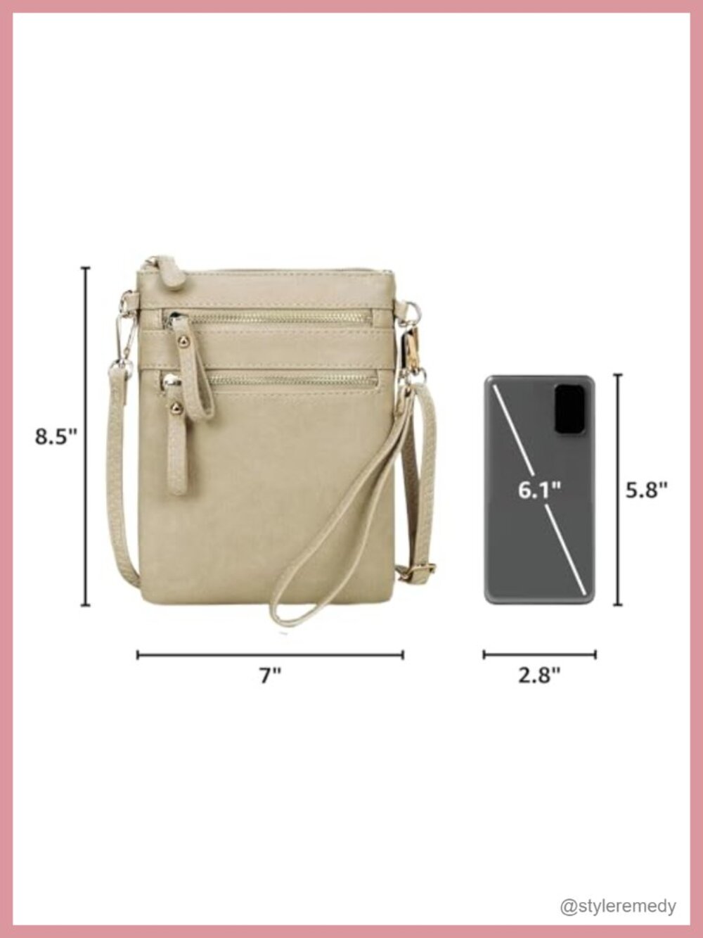 Faux Leather Crossbody Bag with Detachable Wristlet, Multi Zip Pockets - Picture 2 of 6